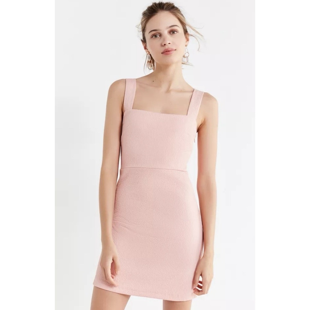 Urban Outfitters Britt Textured Square Neck Mini Pink Peach Dress Sz SP Coquette